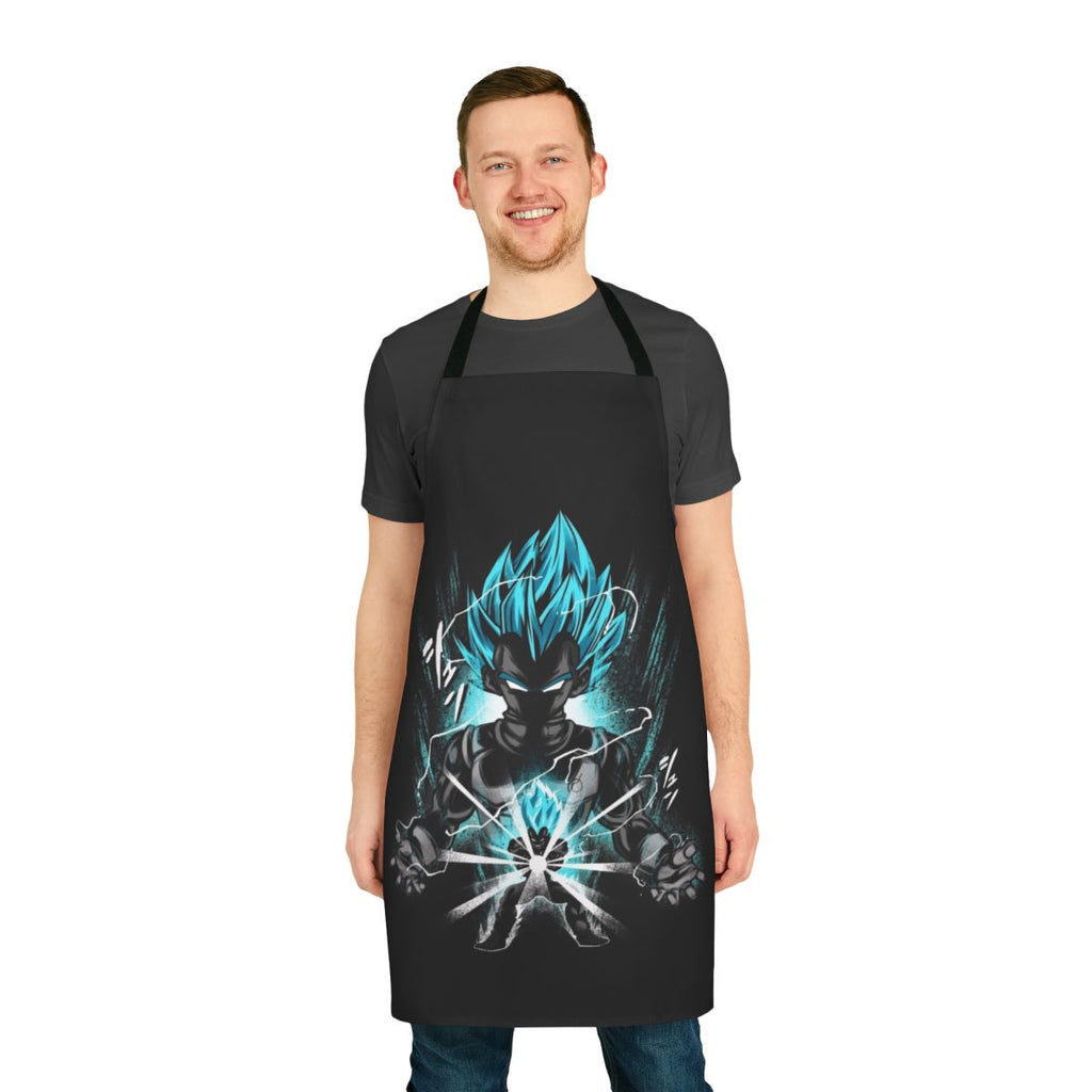 Product image of a blue apron with anime-inspired graphics and designs