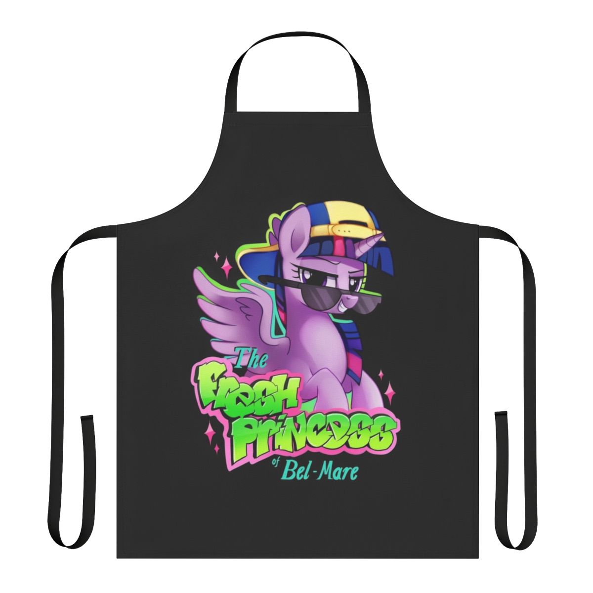 Whimsical apron featuring a princess design in shades of pink and purple