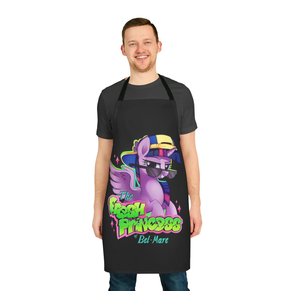Whimsical apron featuring a princess design in shades of pink and purple