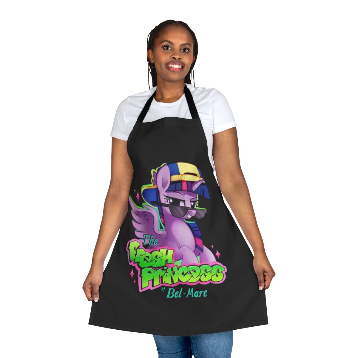 Whimsical apron featuring a princess design in shades of pink and purple