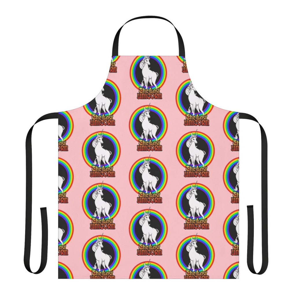 Colorful rainbow unicorn apron featuring a magical white unicorn design