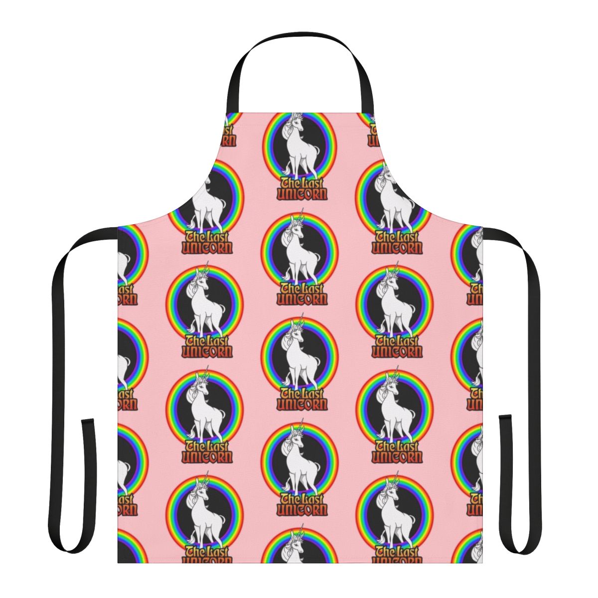 Colorful rainbow unicorn apron featuring a magical white unicorn design