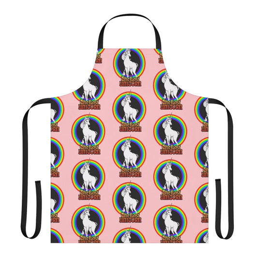 Colorful rainbow unicorn apron featuring a magical white unicorn design