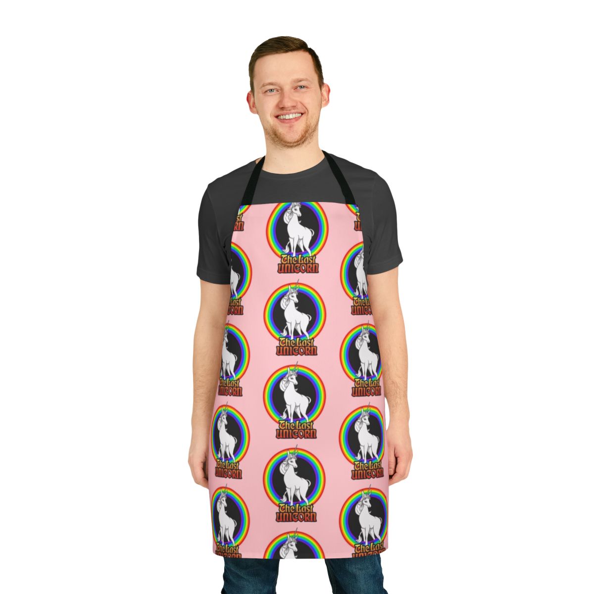 Colorful rainbow unicorn apron featuring a magical white unicorn design