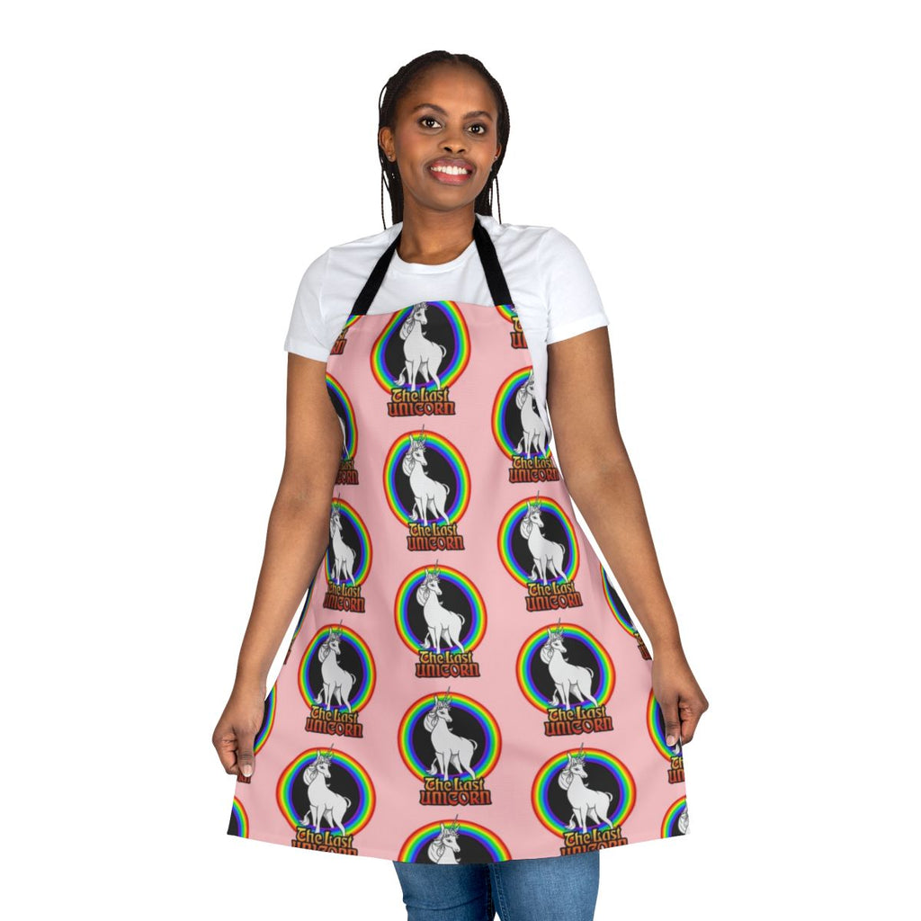 Colorful rainbow unicorn apron featuring a magical white unicorn design