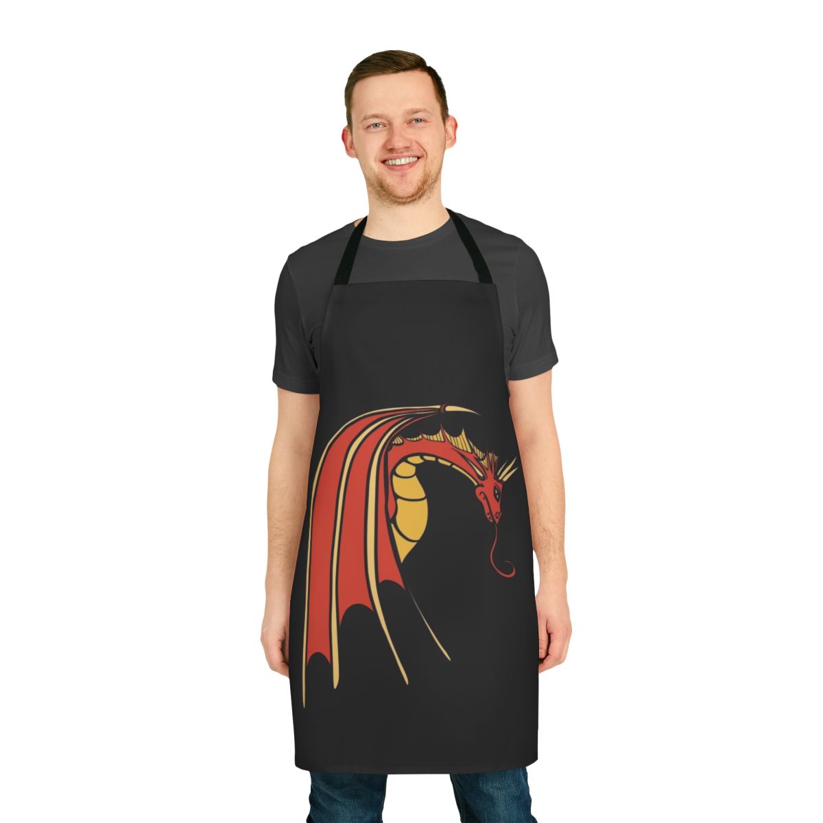 Vibrant red dragon design printed on a high-quality apron