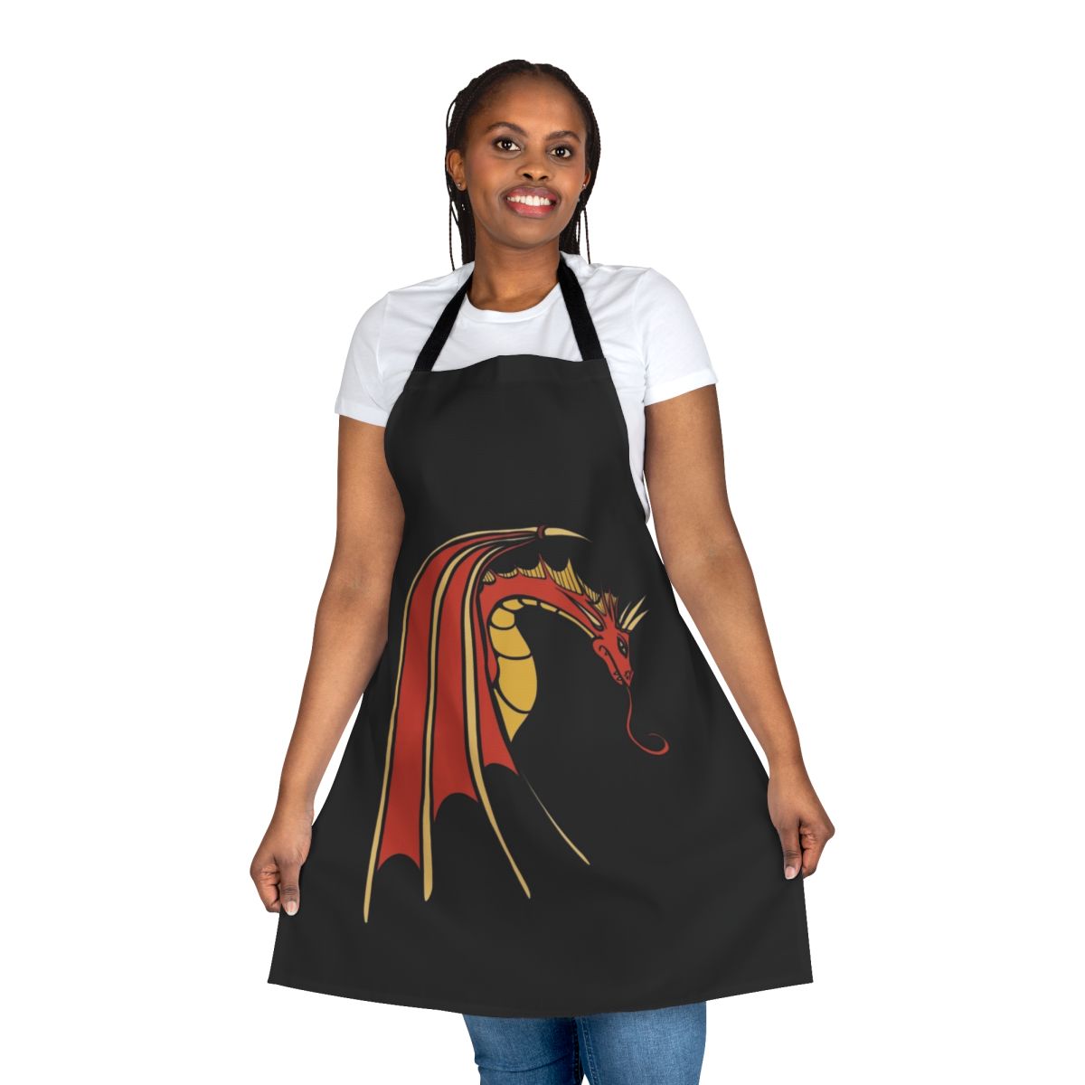 Vibrant red dragon design printed on a high-quality apron