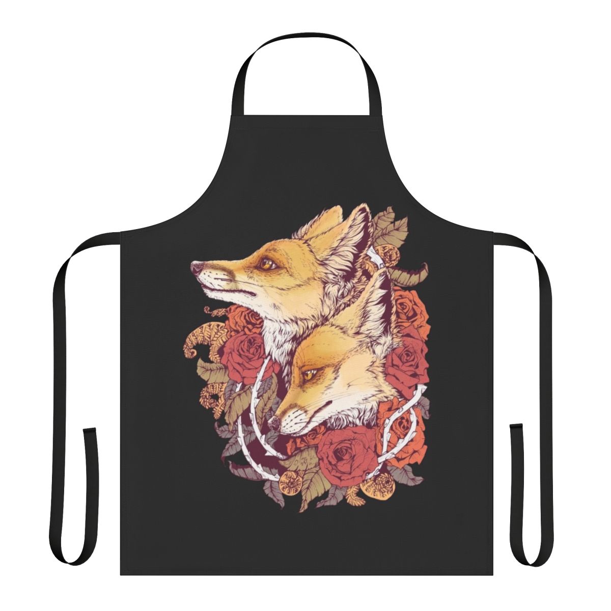 Apron featuring a vibrant red fox surrounded by blooming roses and fern spirals in a nature-inspired botanical design