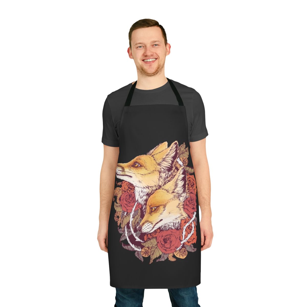 Apron featuring a vibrant red fox surrounded by blooming roses and fern spirals in a nature-inspired botanical design