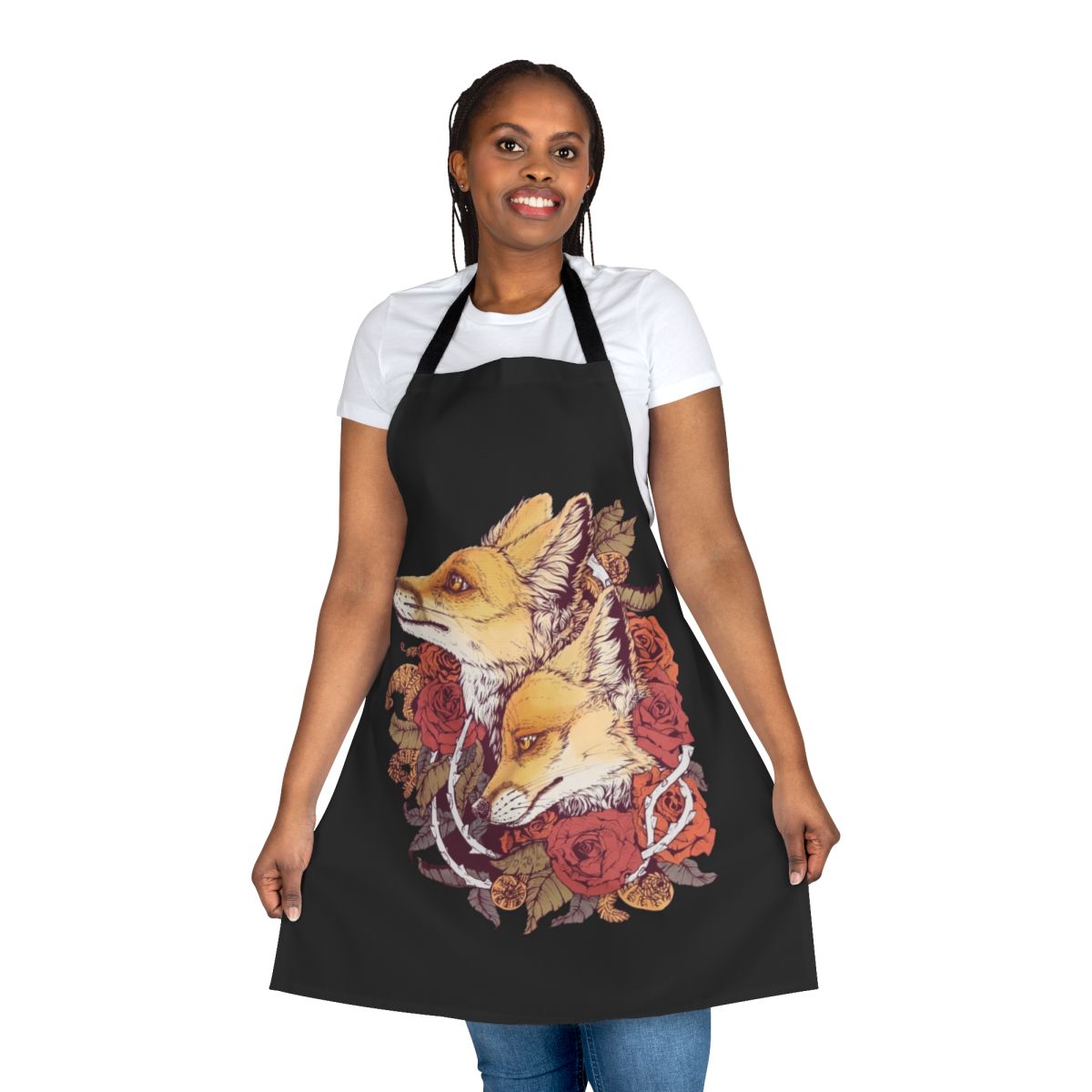 Apron featuring a vibrant red fox surrounded by blooming roses and fern spirals in a nature-inspired botanical design