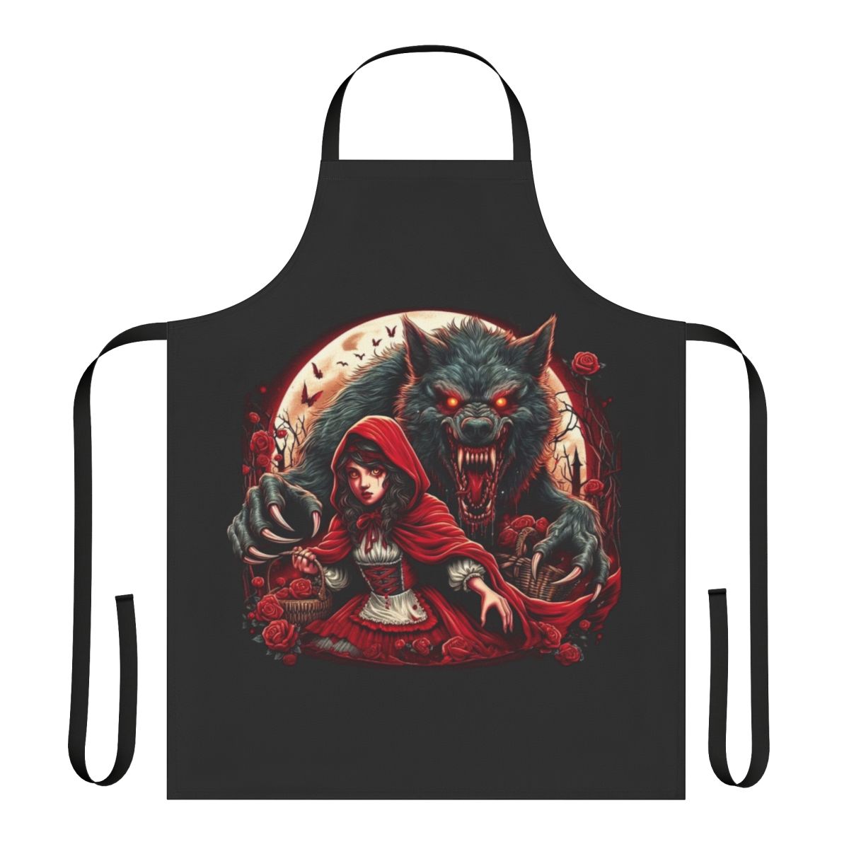 Red riding hood-inspired apron with wolf design for fantasy cosplay