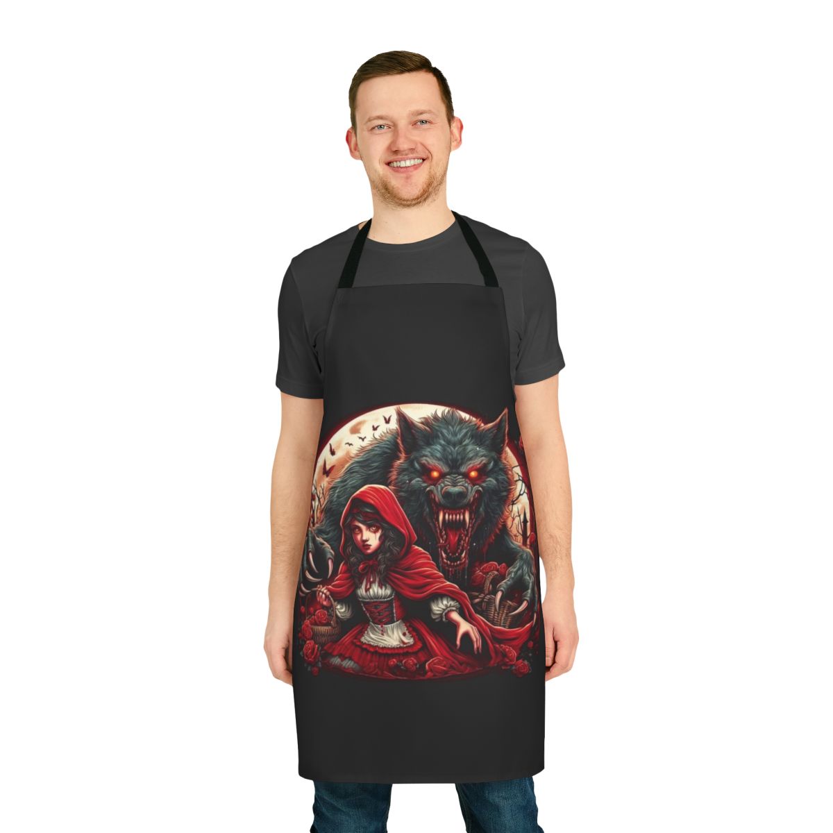 Red riding hood-inspired apron with wolf design for fantasy cosplay