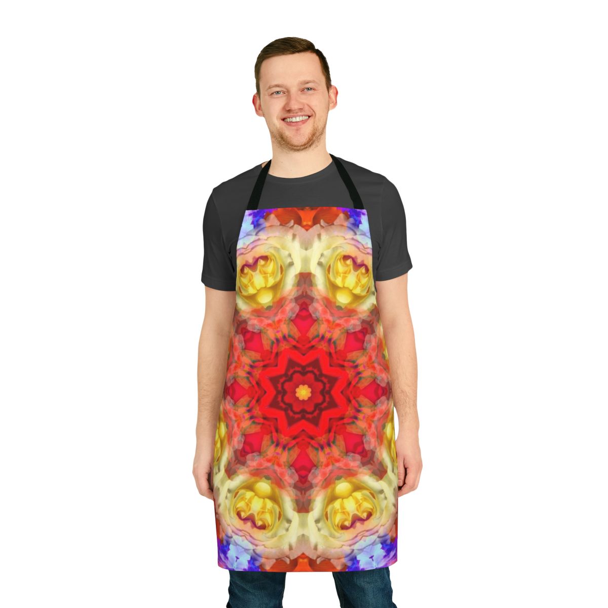 Rose-patterned apron featuring sacred symbols and spiritual motifs