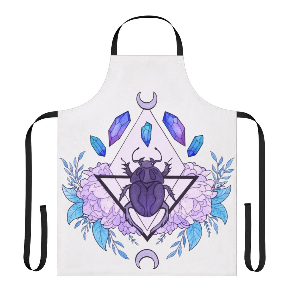 Vibrant watercolor illustration of a scarab beetle on an apron with mystical symbols and patterns.