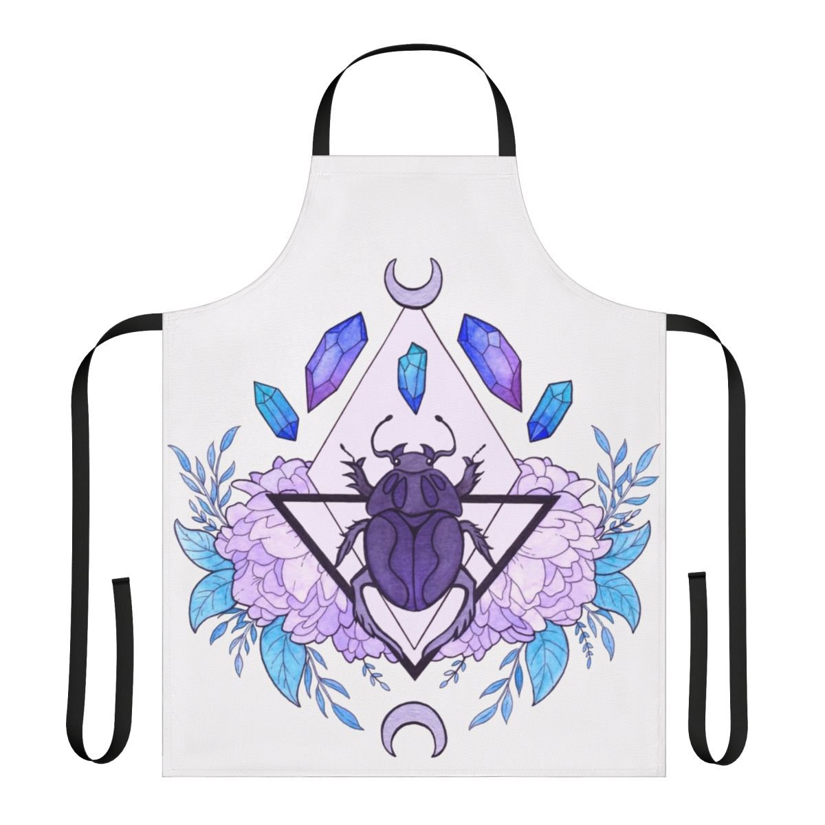 Vibrant watercolor illustration of a scarab beetle on an apron with mystical symbols and patterns.