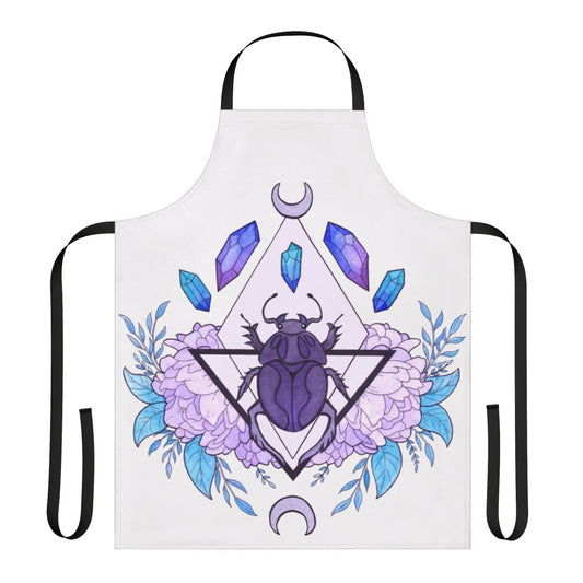 Vibrant watercolor illustration of a scarab beetle on an apron with mystical symbols and patterns.