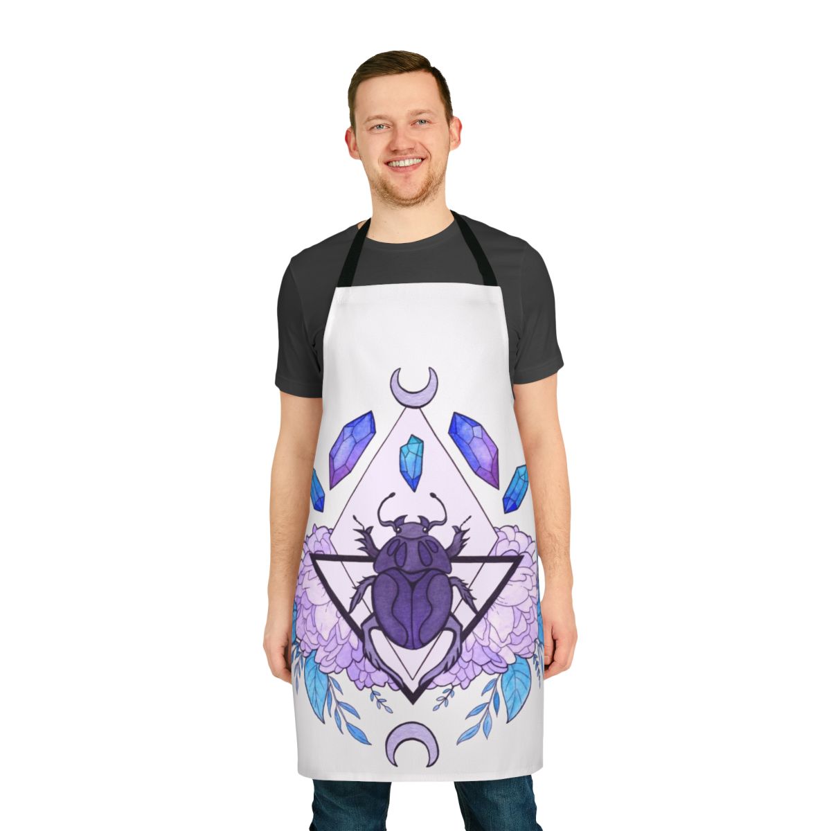 Vibrant watercolor illustration of a scarab beetle on an apron with mystical symbols and patterns.