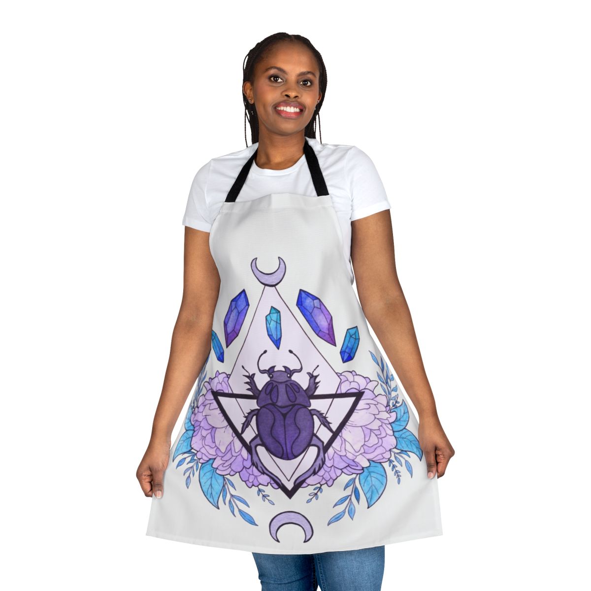 Vibrant watercolor illustration of a scarab beetle on an apron with mystical symbols and patterns.