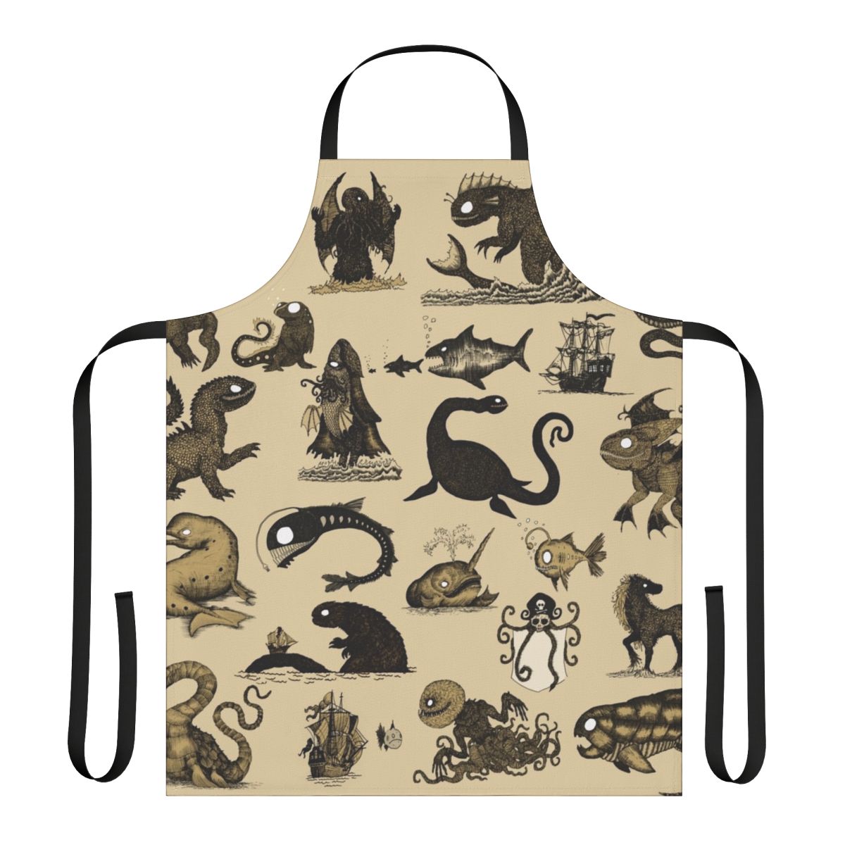 An apron featuring a sepia-toned pattern of various sea monsters and mythical aquatic creatures