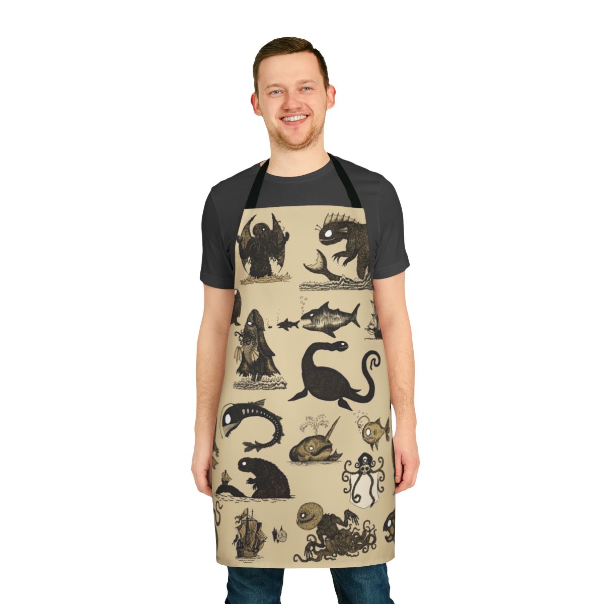An apron featuring a sepia-toned pattern of various sea monsters and mythical aquatic creatures