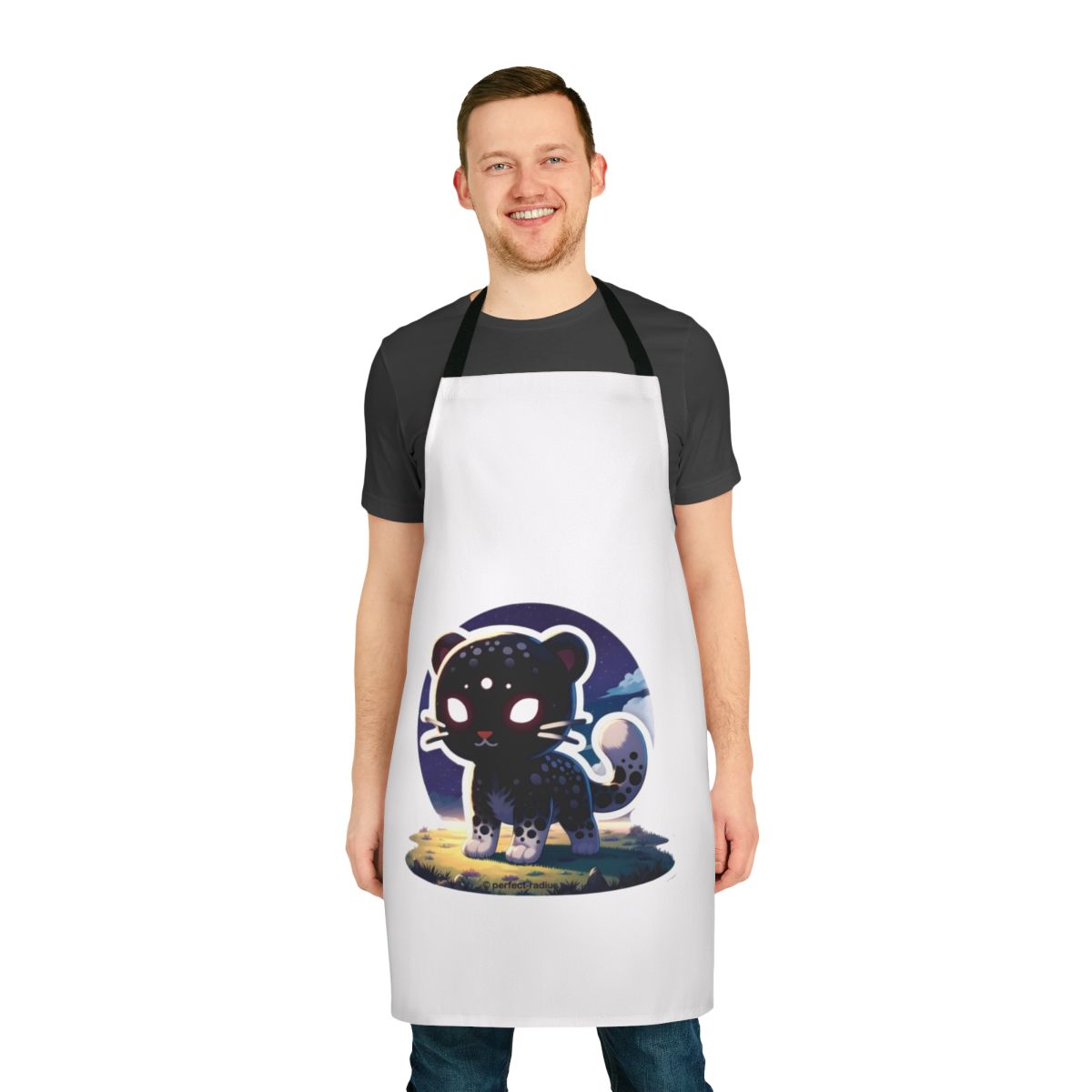 Apron featuring a stylized shadow leopard design in a fantastical, cute, and kawaii style