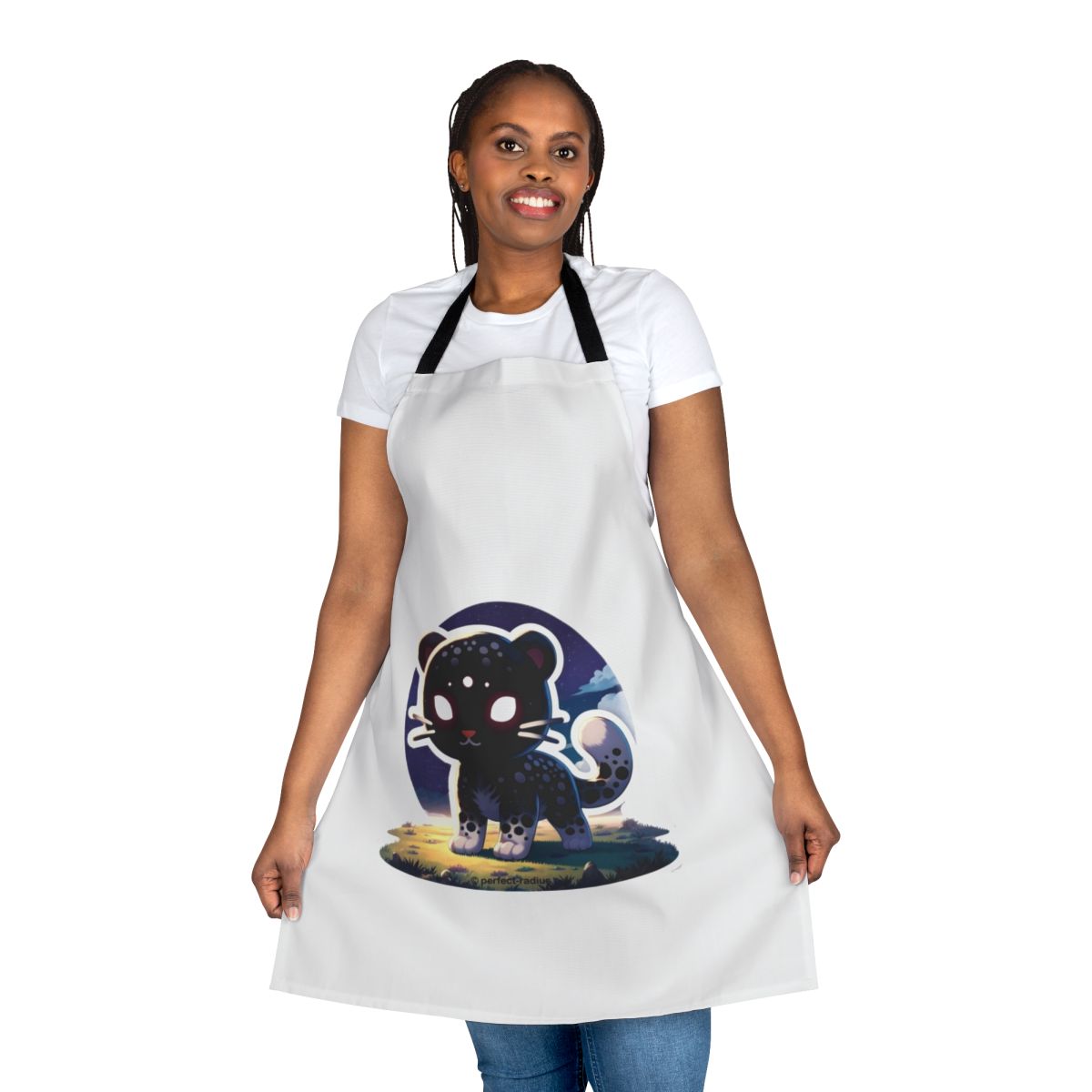 Apron featuring a stylized shadow leopard design in a fantastical, cute, and kawaii style