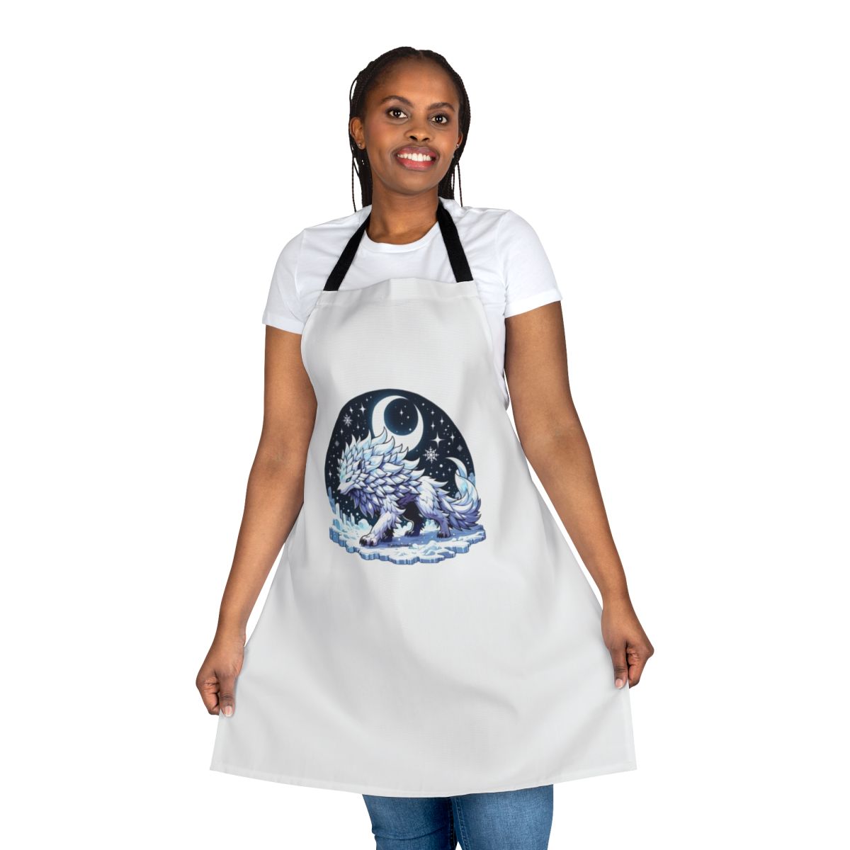 Enchanting silver wolf apron with a fantastical, supernatural design