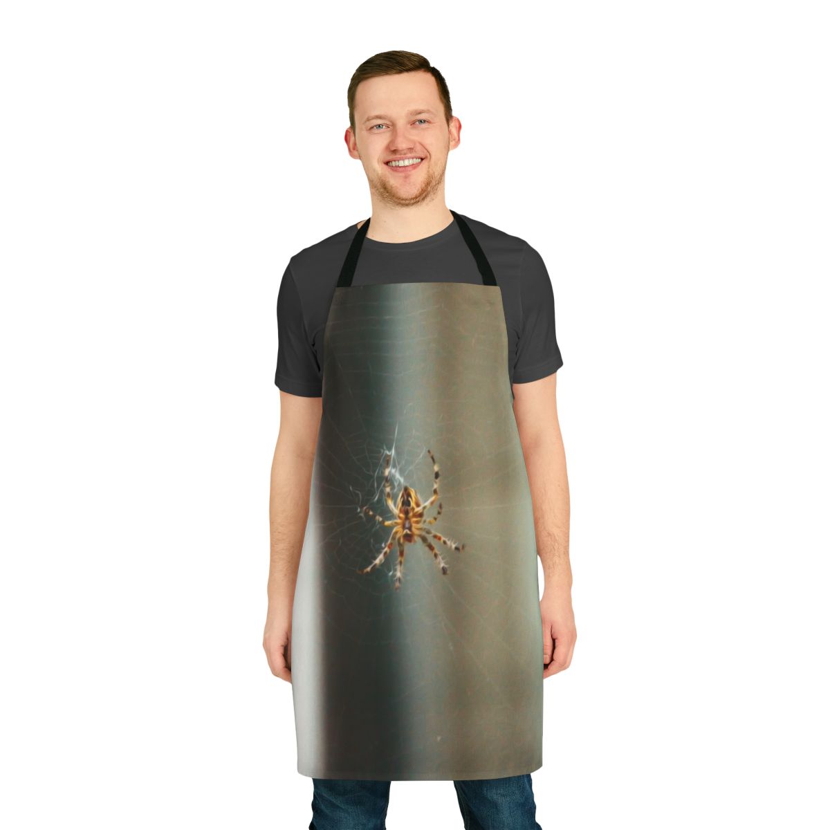 Apron featuring a spider web design with various insects and animals