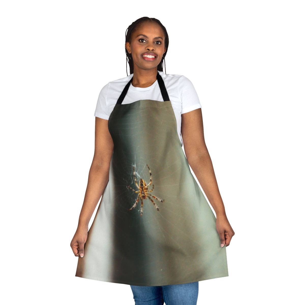 Apron featuring a spider web design with various insects and animals
