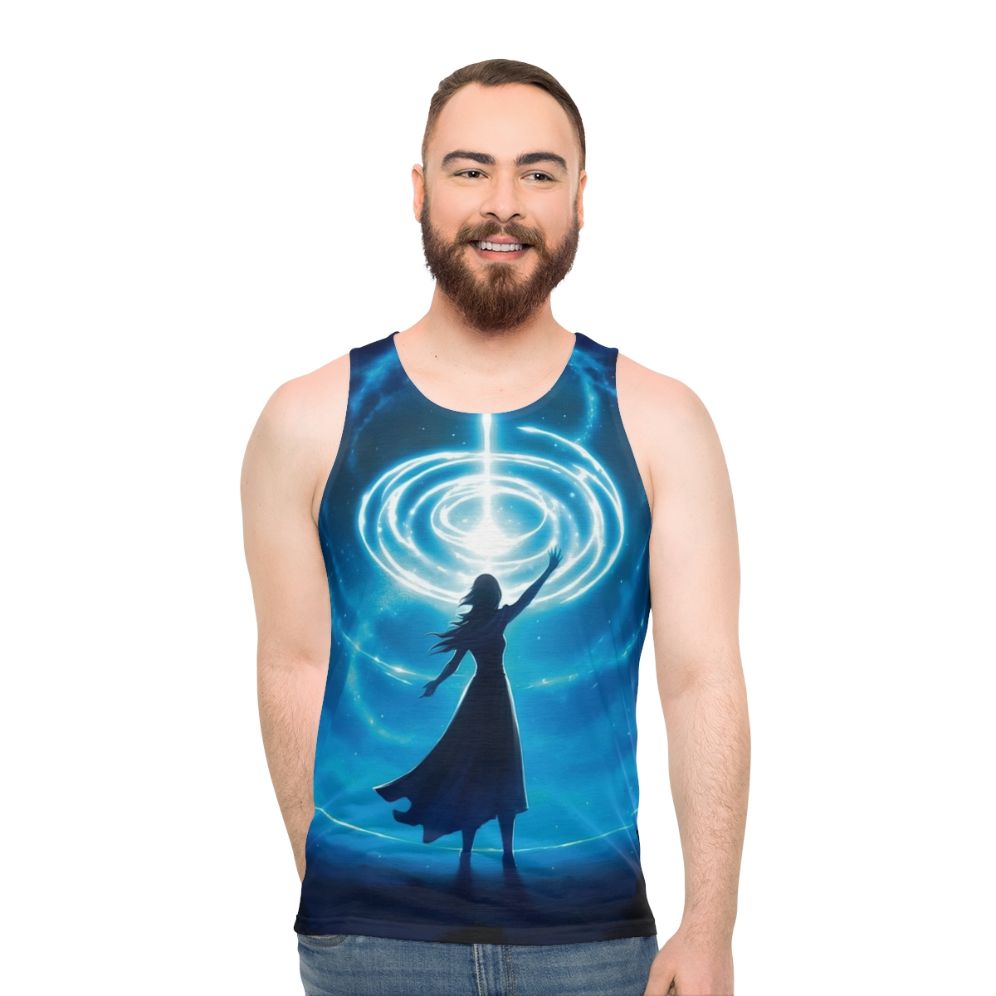 Unisex fantasy tank top with starry night sky and silhouette design