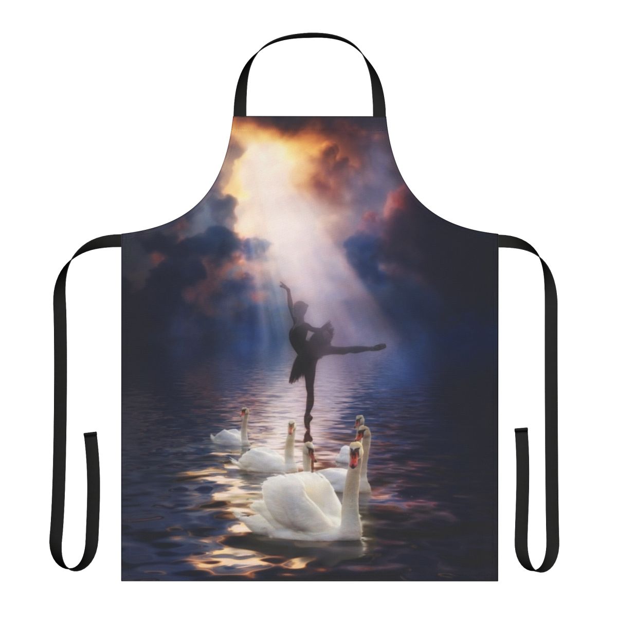 Elegant apron featuring a swan lake scene with a ballerina dancer against a dramatic sky
