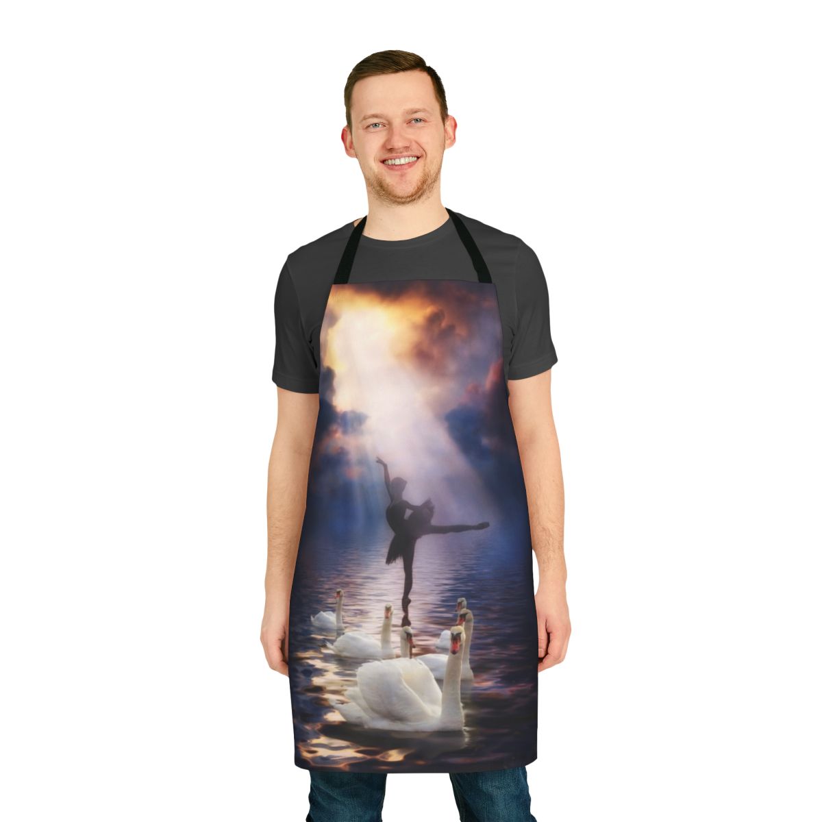 Elegant apron featuring a swan lake scene with a ballerina dancer against a dramatic sky