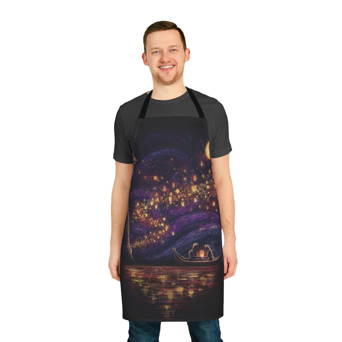 A vibrant apron featuring the iconic lanterns from the Disney movie Tangled