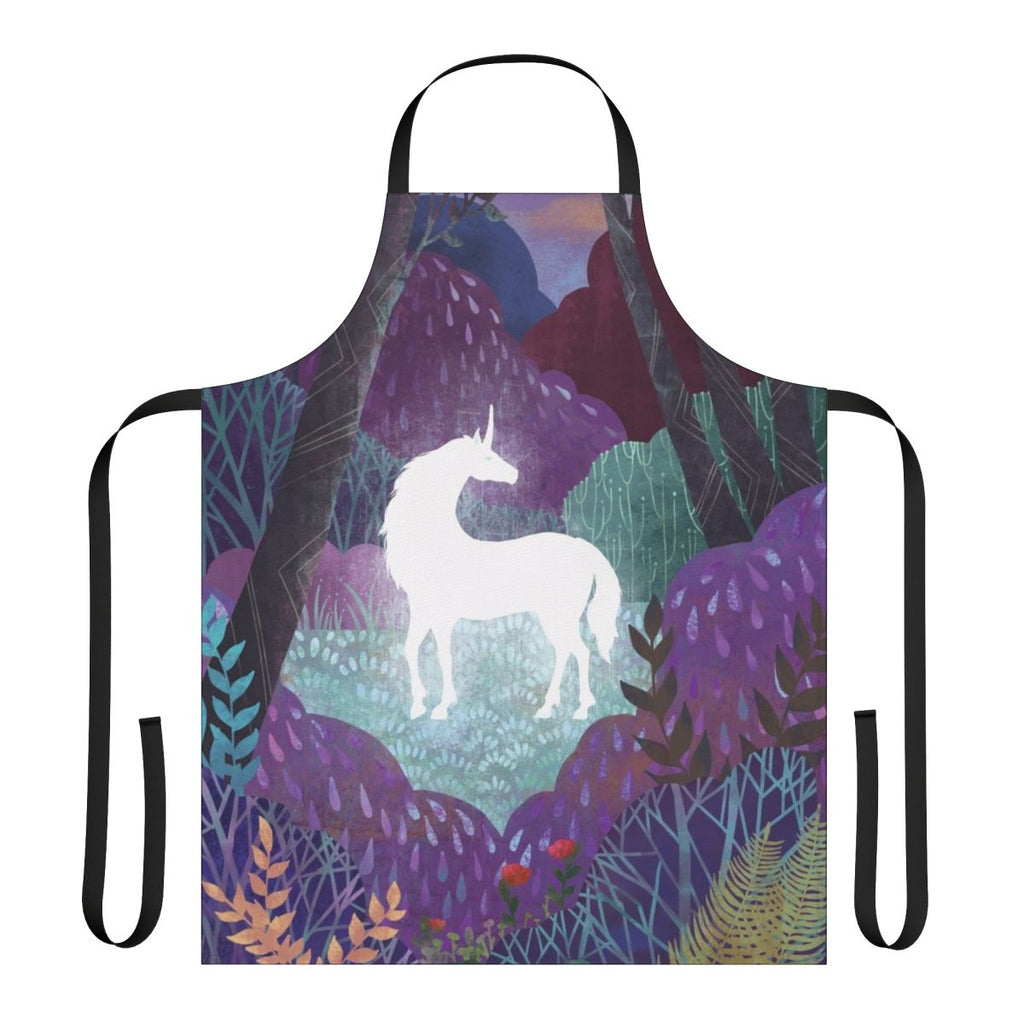 The Last Unicorn-inspired apron in purple and violet tones with a magical forest design