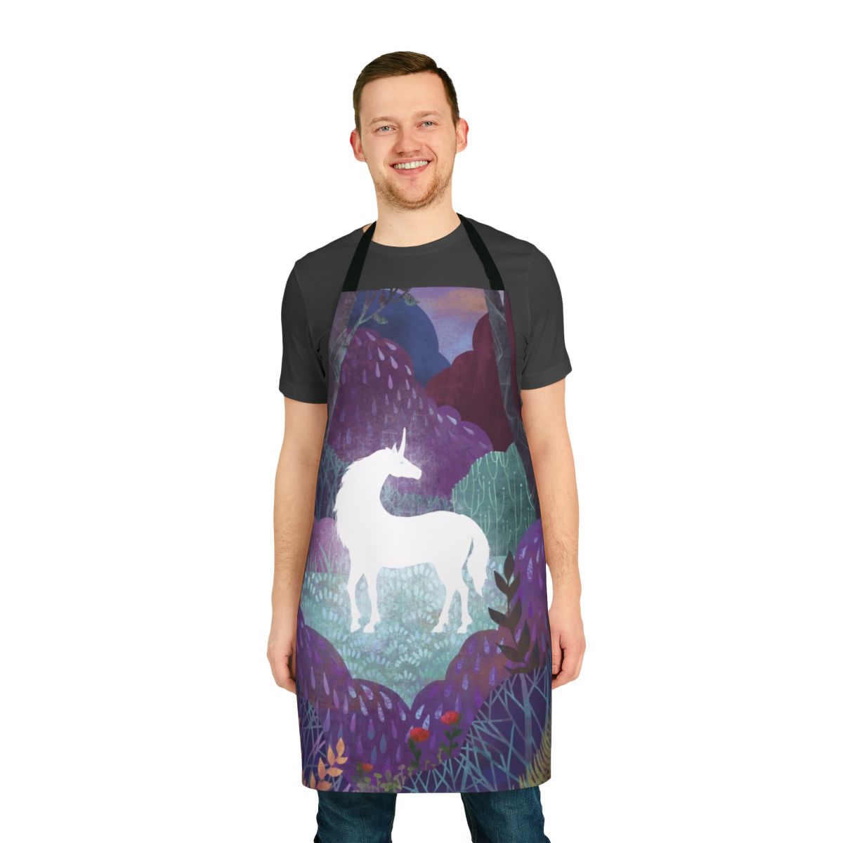 The Last Unicorn-inspired apron in purple and violet tones with a magical forest design