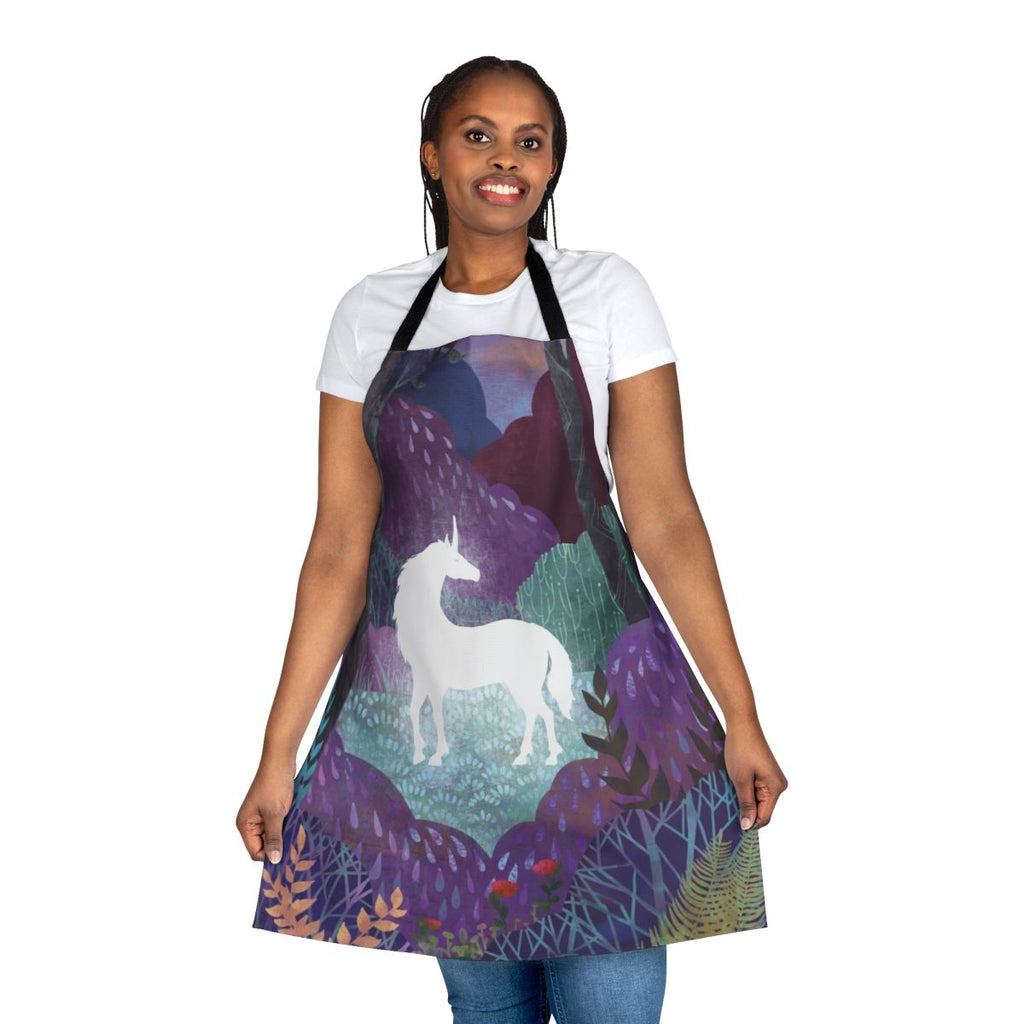 The Last Unicorn-inspired apron in purple and violet tones with a magical forest design