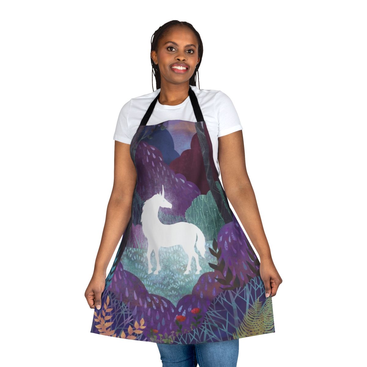 The Last Unicorn-inspired apron in purple and violet tones with a magical forest design