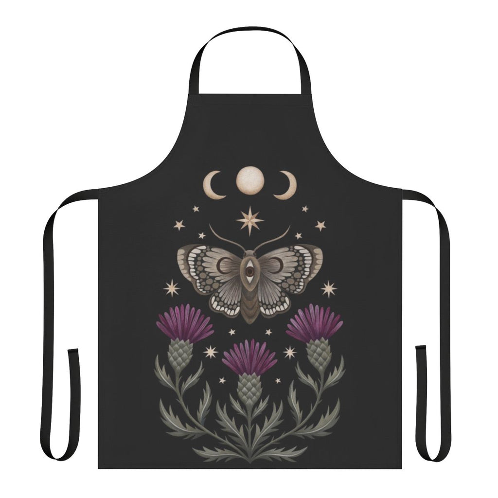 Thistle and moth design apron with crescent moon, stars, and floral elements