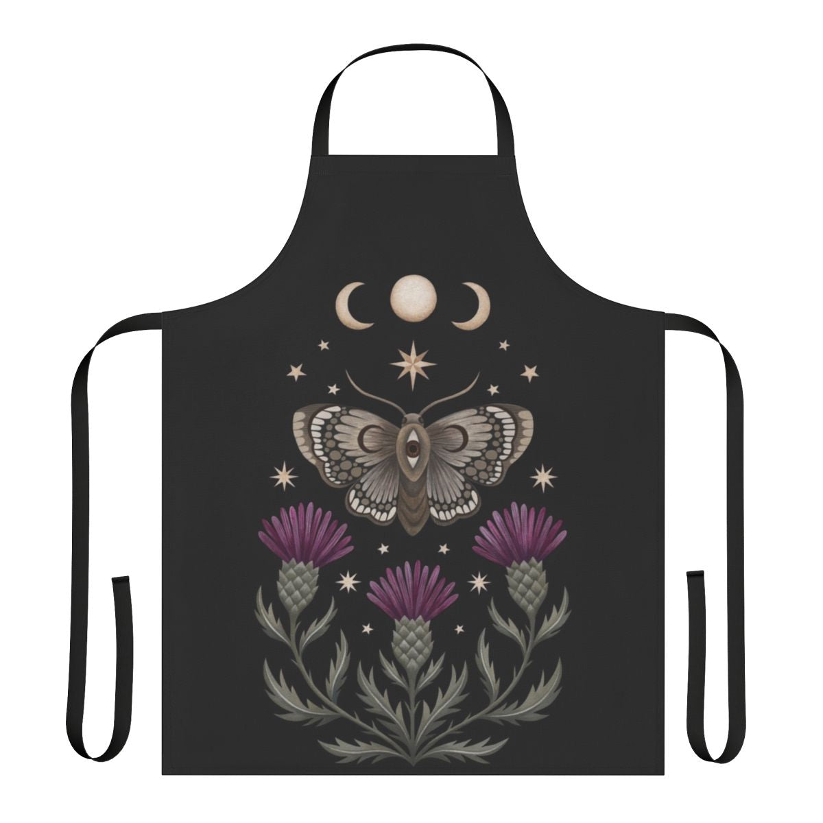 Thistle and moth design apron with crescent moon, stars, and floral elements