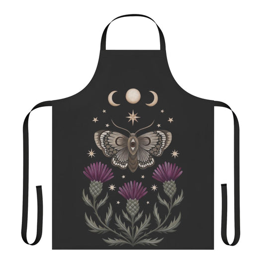 Thistle and moth design apron with crescent moon, stars, and floral elements