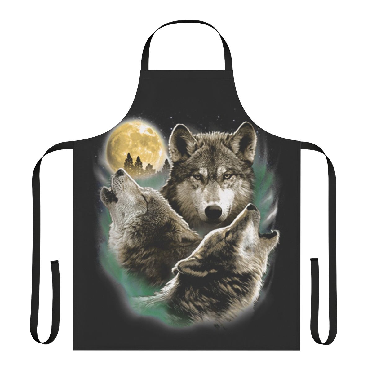 Apron featuring a design of three wolves howling at the full moon in the night sky