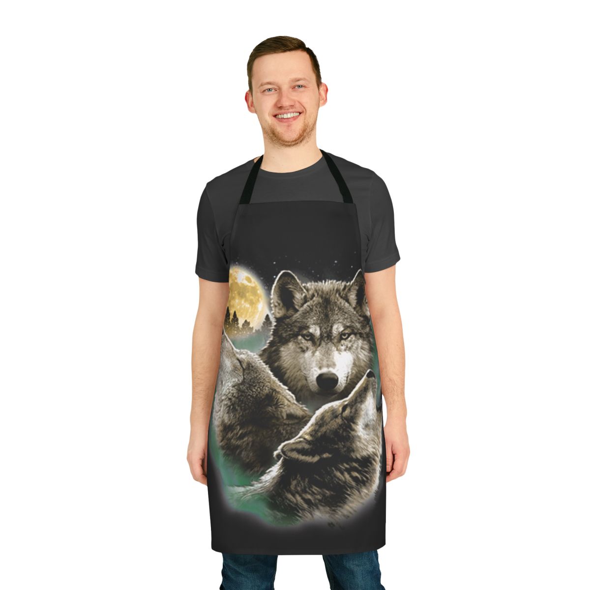 Apron featuring a design of three wolves howling at the full moon in the night sky