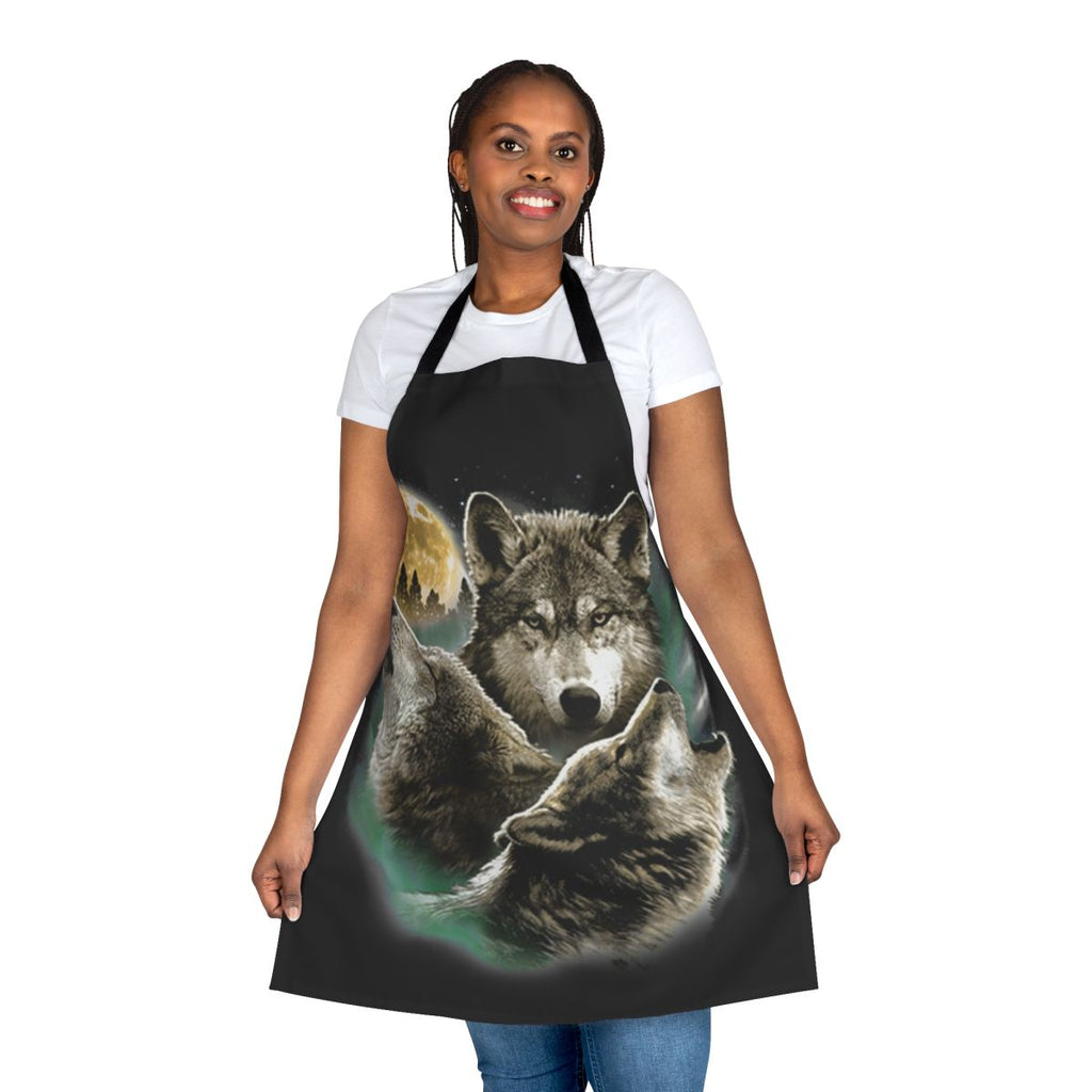 Apron featuring a design of three wolves howling at the full moon in the night sky