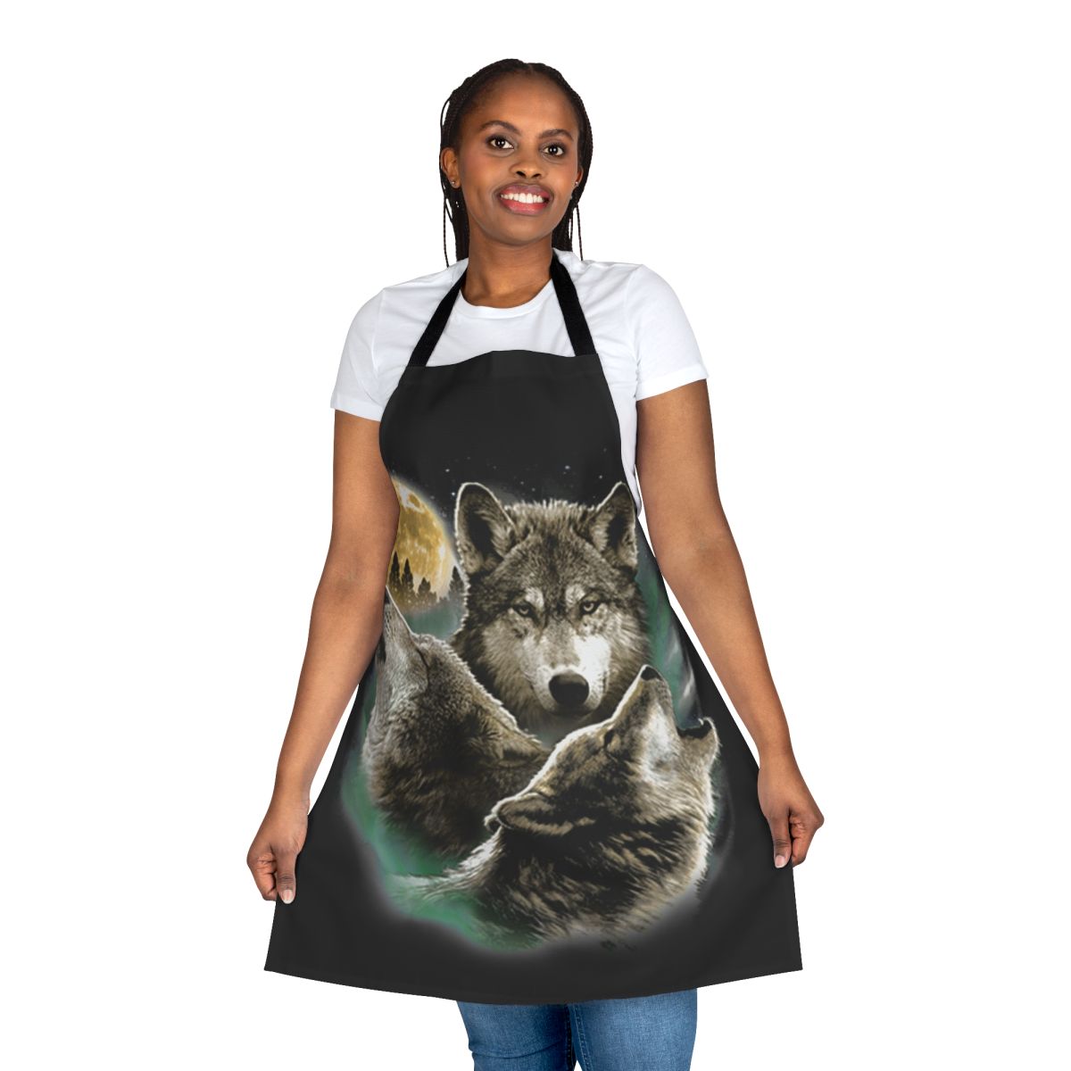 Apron featuring a design of three wolves howling at the full moon in the night sky