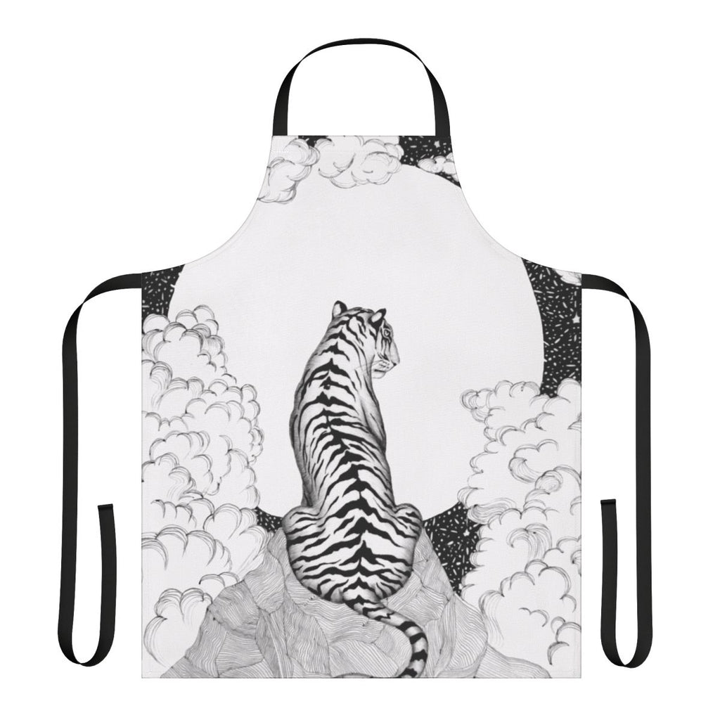 Whimsical apron featuring a tiger and moon illustration in a dreamy, magical style.