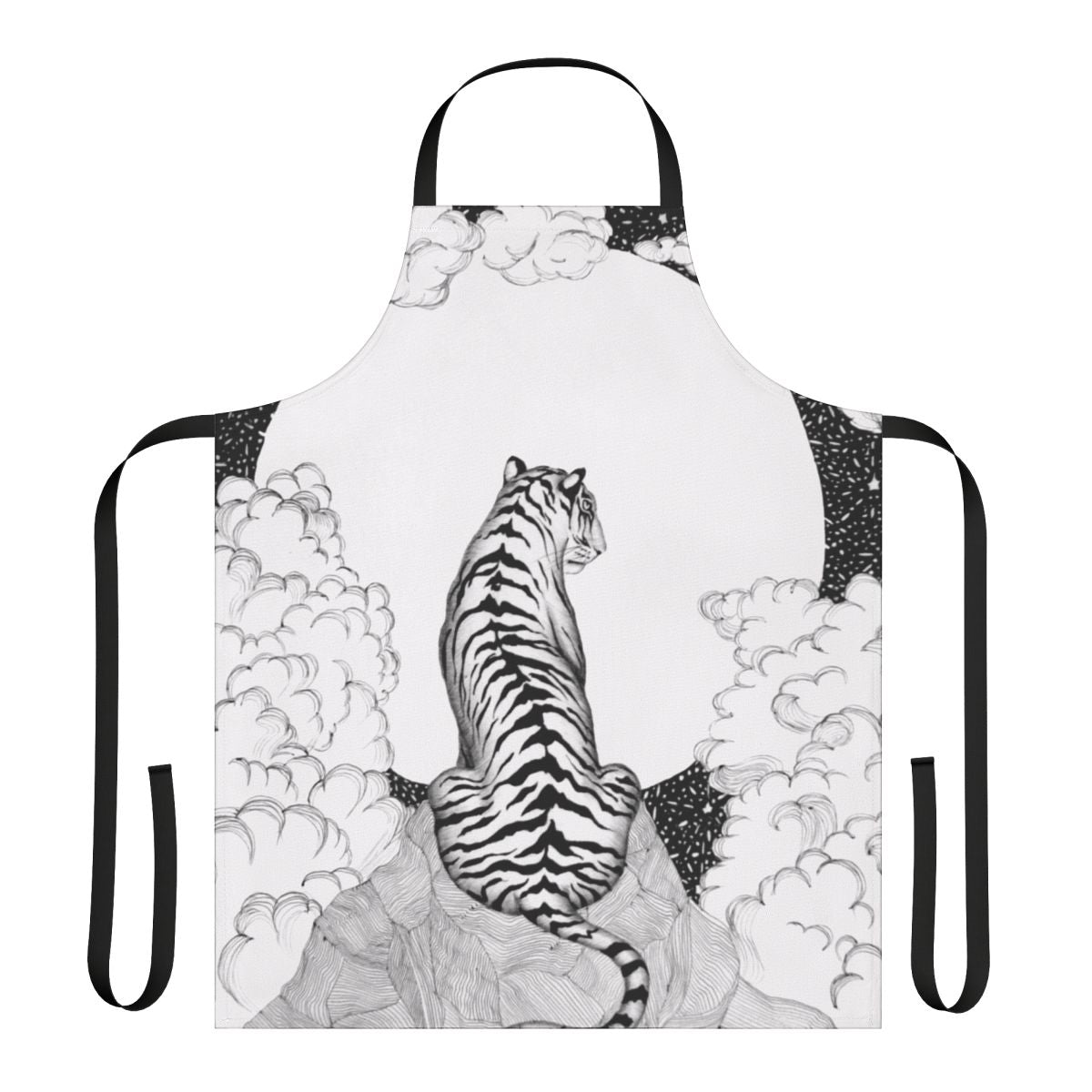 Whimsical apron featuring a tiger and moon illustration in a dreamy, magical style.