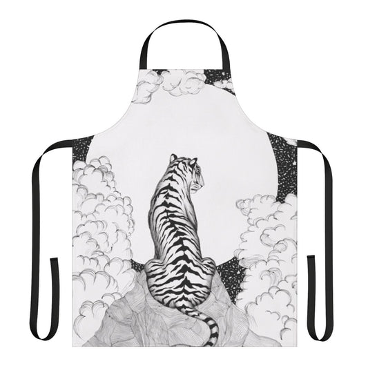 Whimsical apron featuring a tiger and moon illustration in a dreamy, magical style.