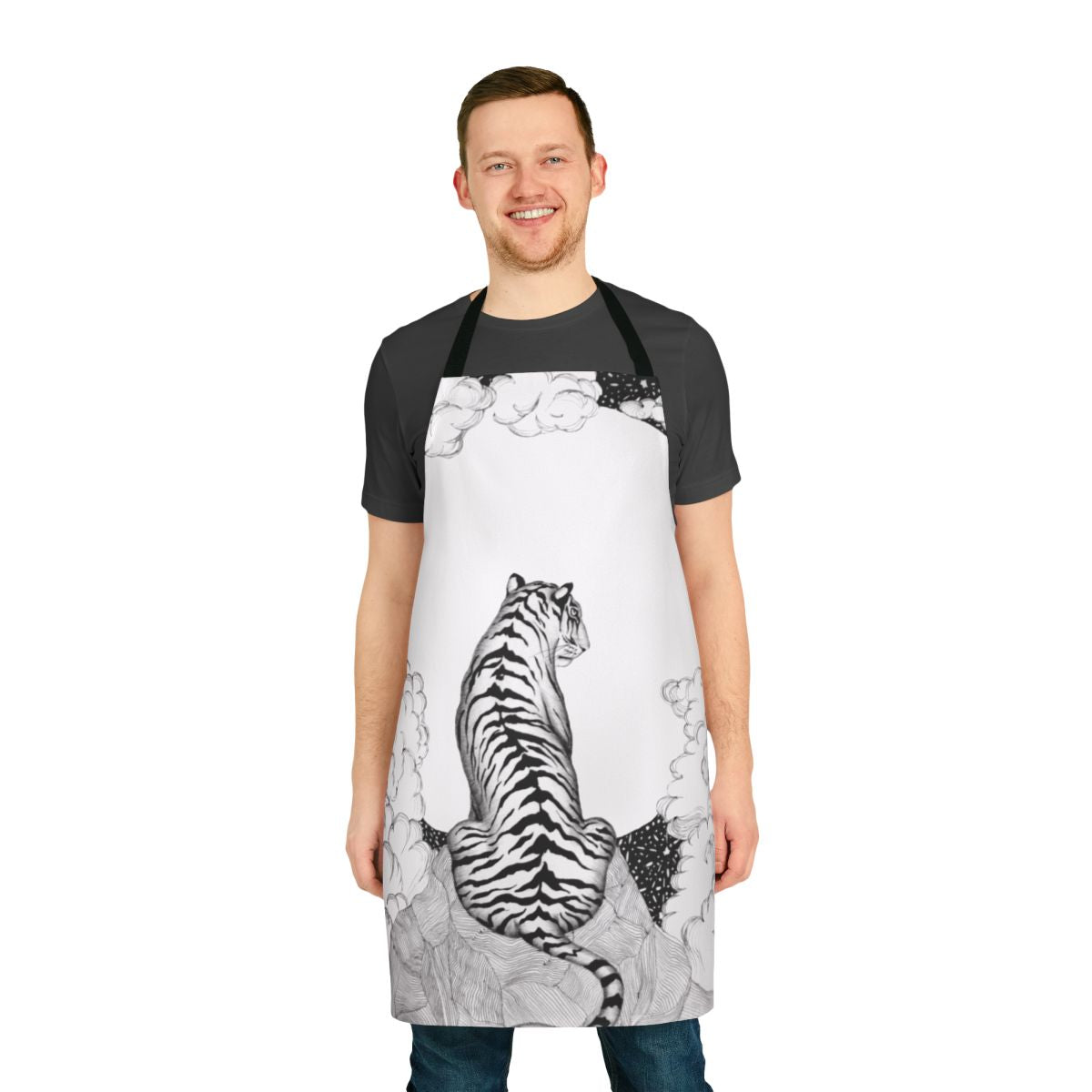 Whimsical apron featuring a tiger and moon illustration in a dreamy, magical style.