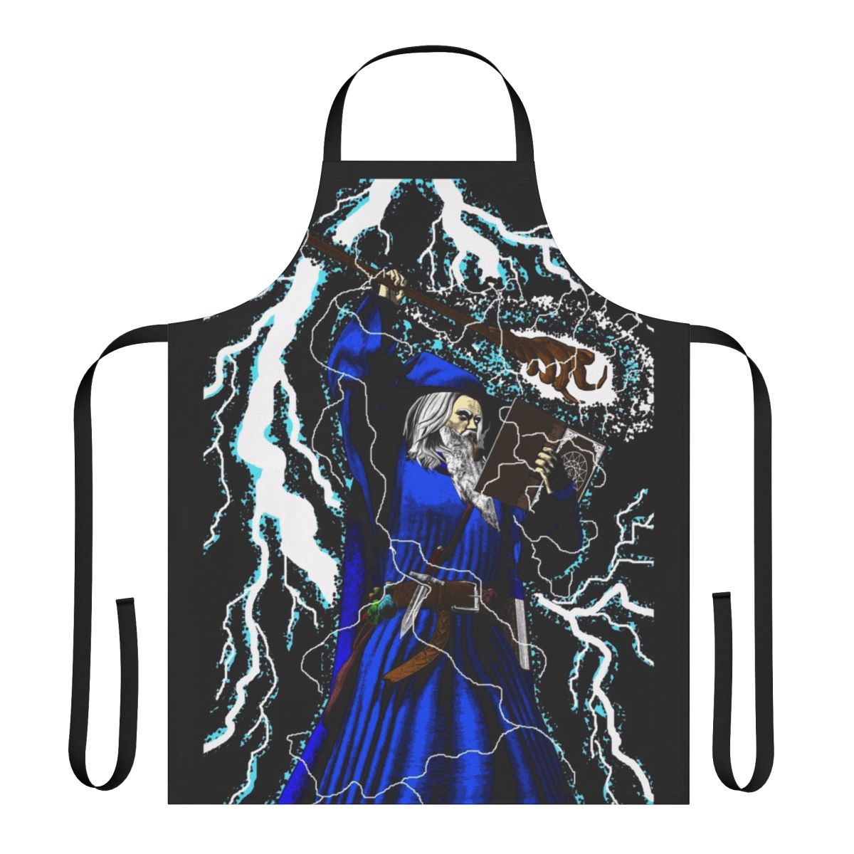 Traditional high fantasy wizard with blue apron and magical lightning staff