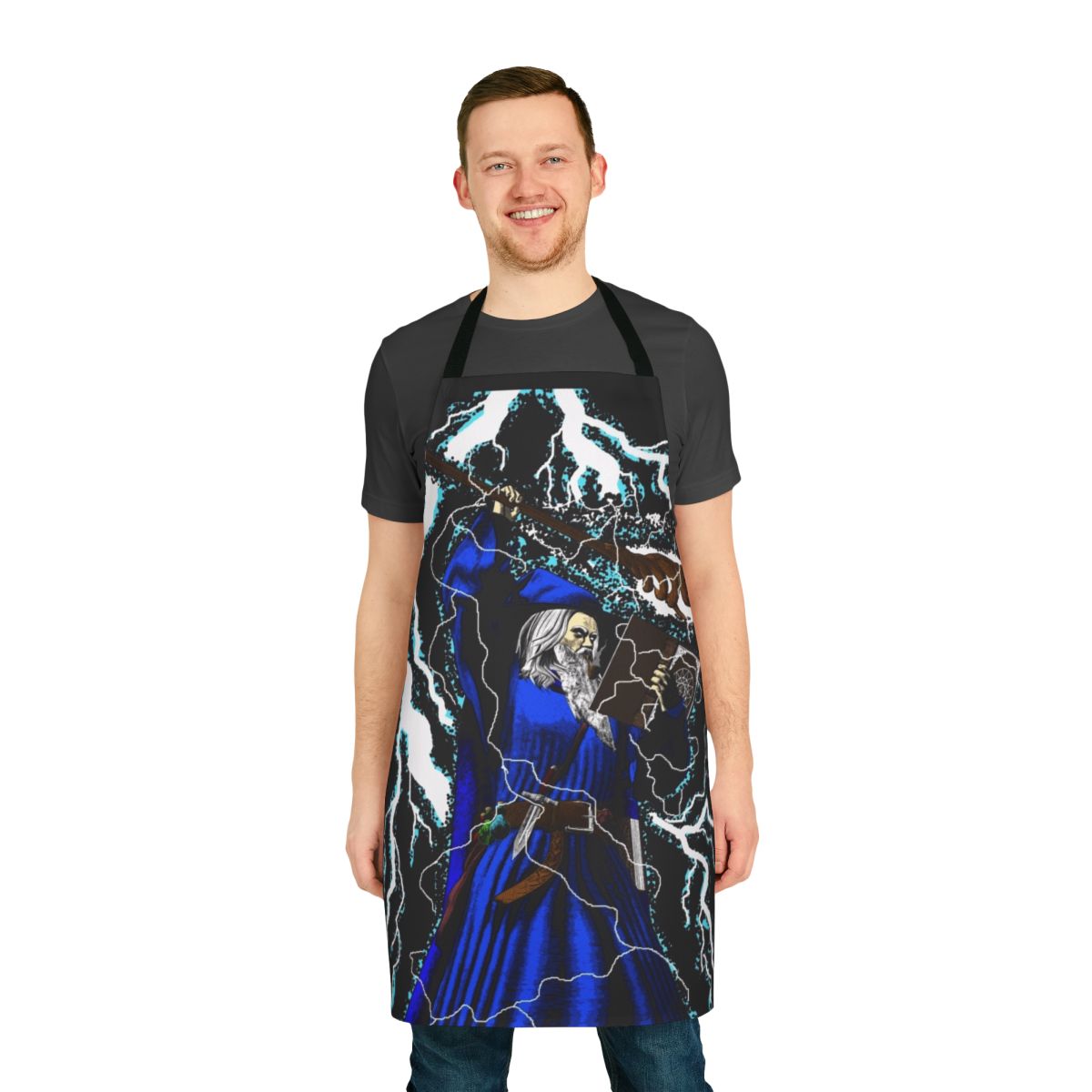 Traditional high fantasy wizard with blue apron and magical lightning staff